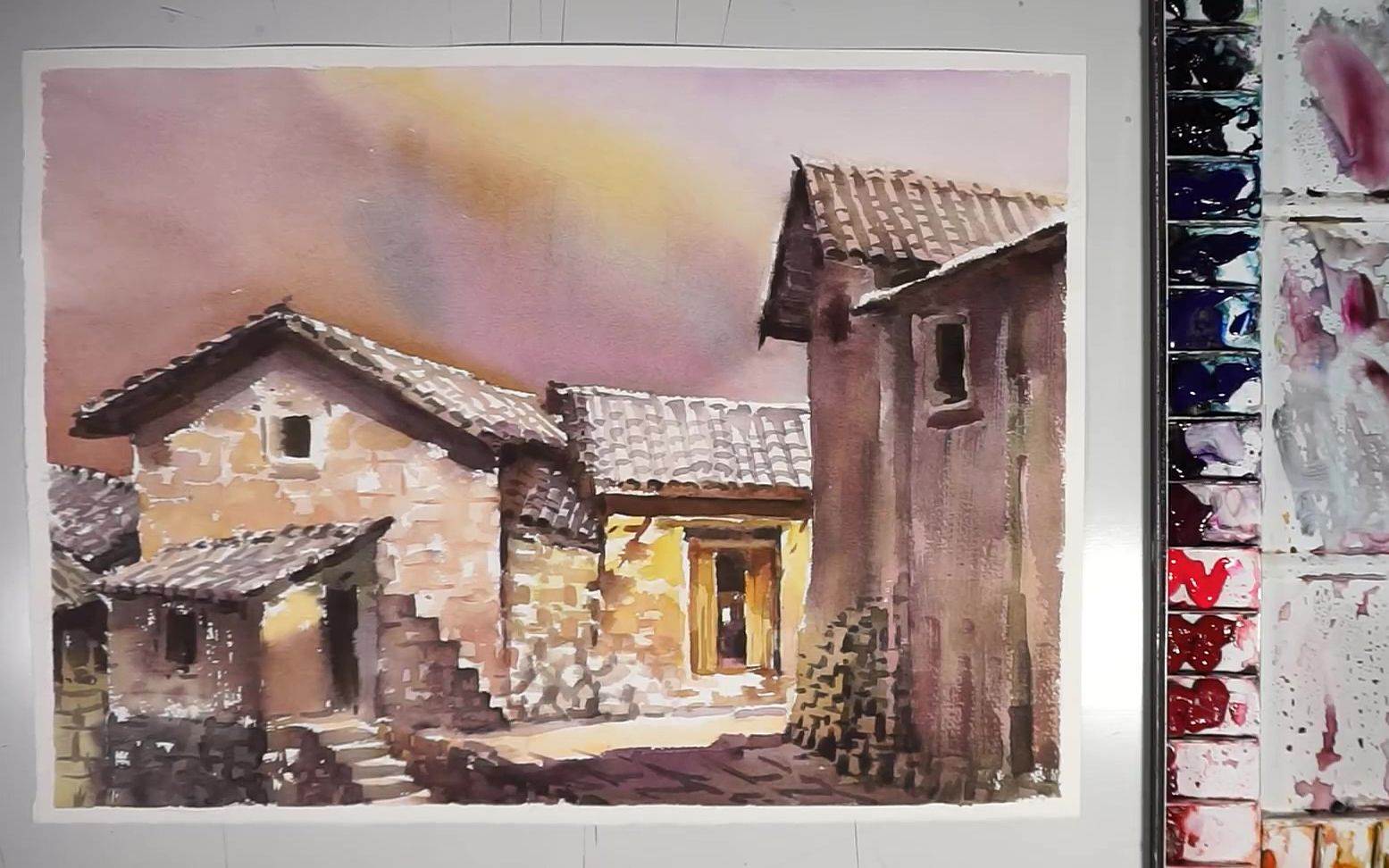 乡村老房子彩铅画图片