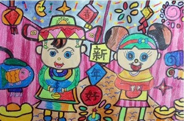 《过年了》儿童画过年儿童画/水彩画图片欢度春节水彩画图片新年快乐