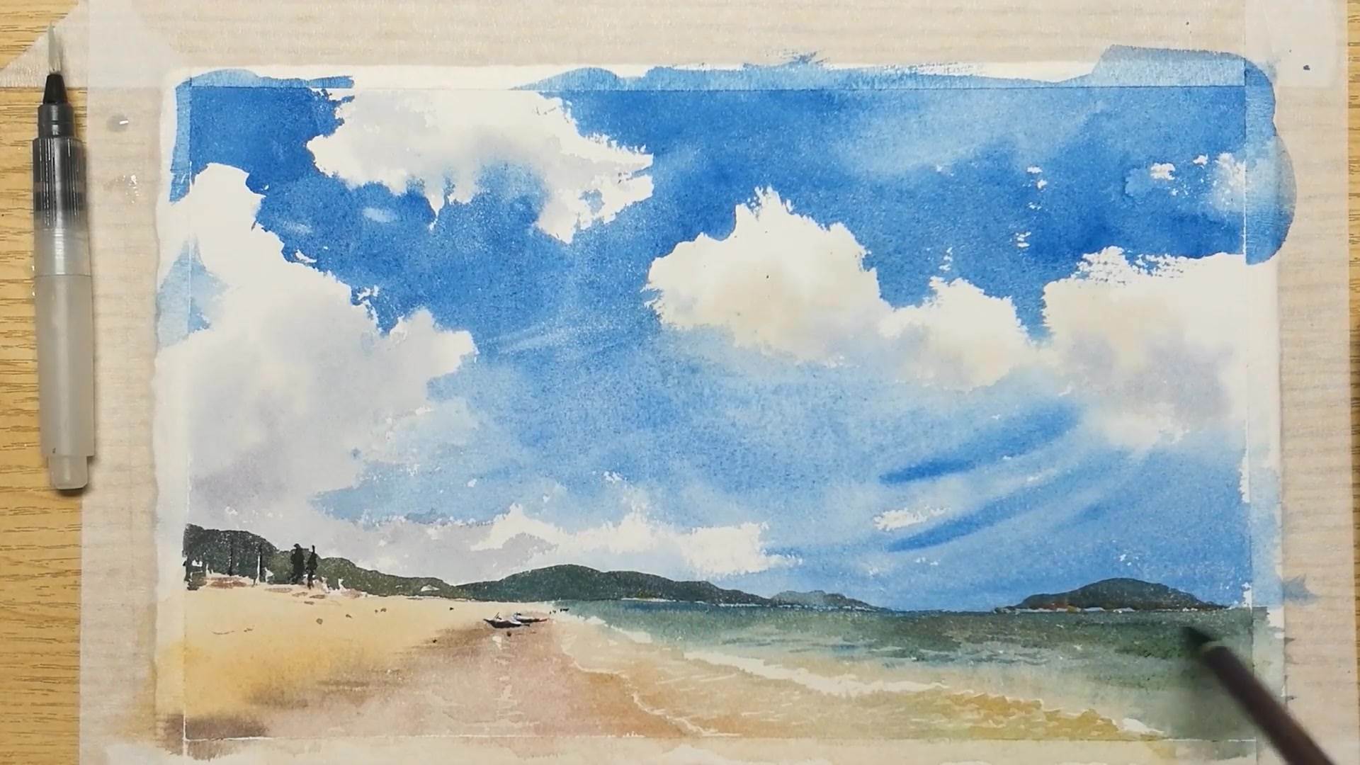 教你用水彩画海浪沙滩海边风景水彩画水彩教程——海滩的画法