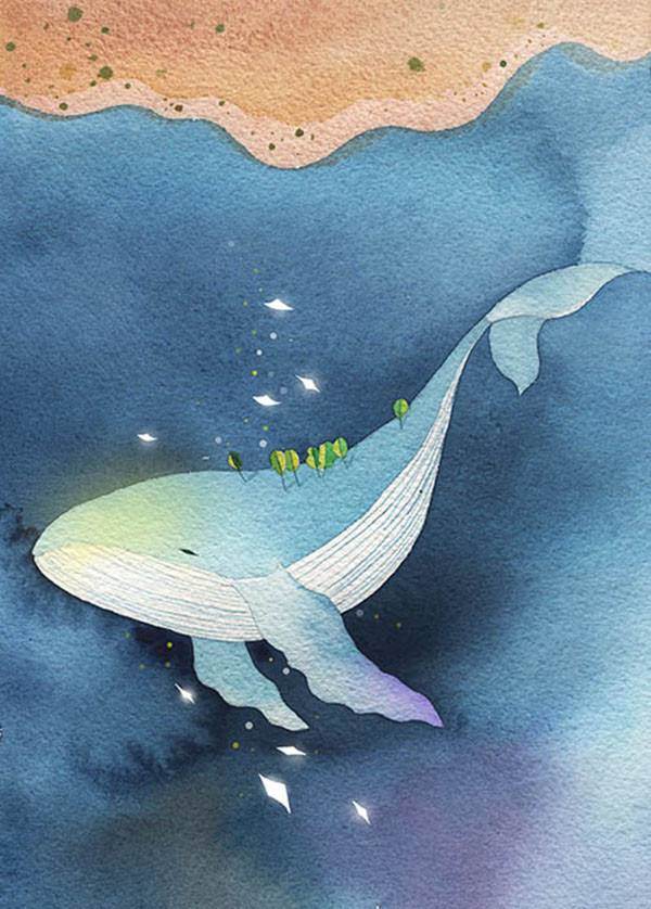 水彩画鲸鱼水彩动物绘画鲸鱼插画作者ins@pixie