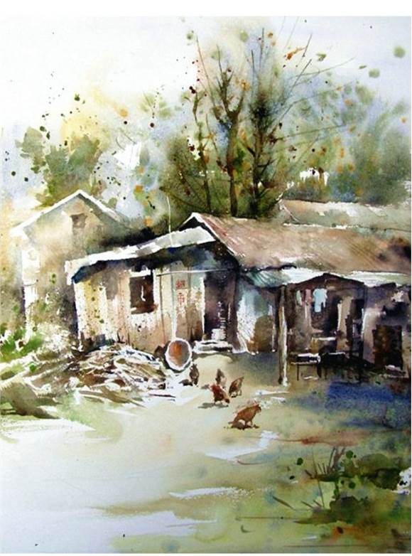 农村怀旧水彩画图片