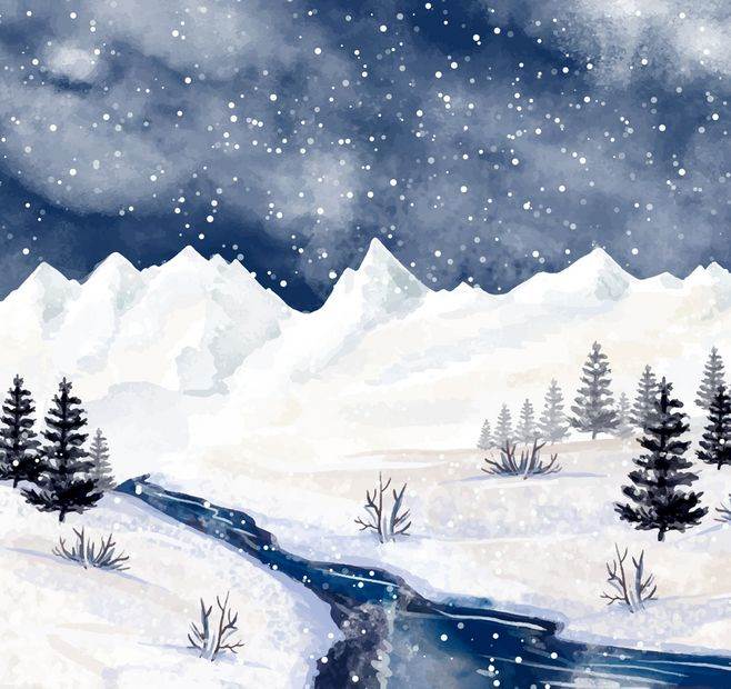 冬天风景水彩画 冬天雪景水彩画