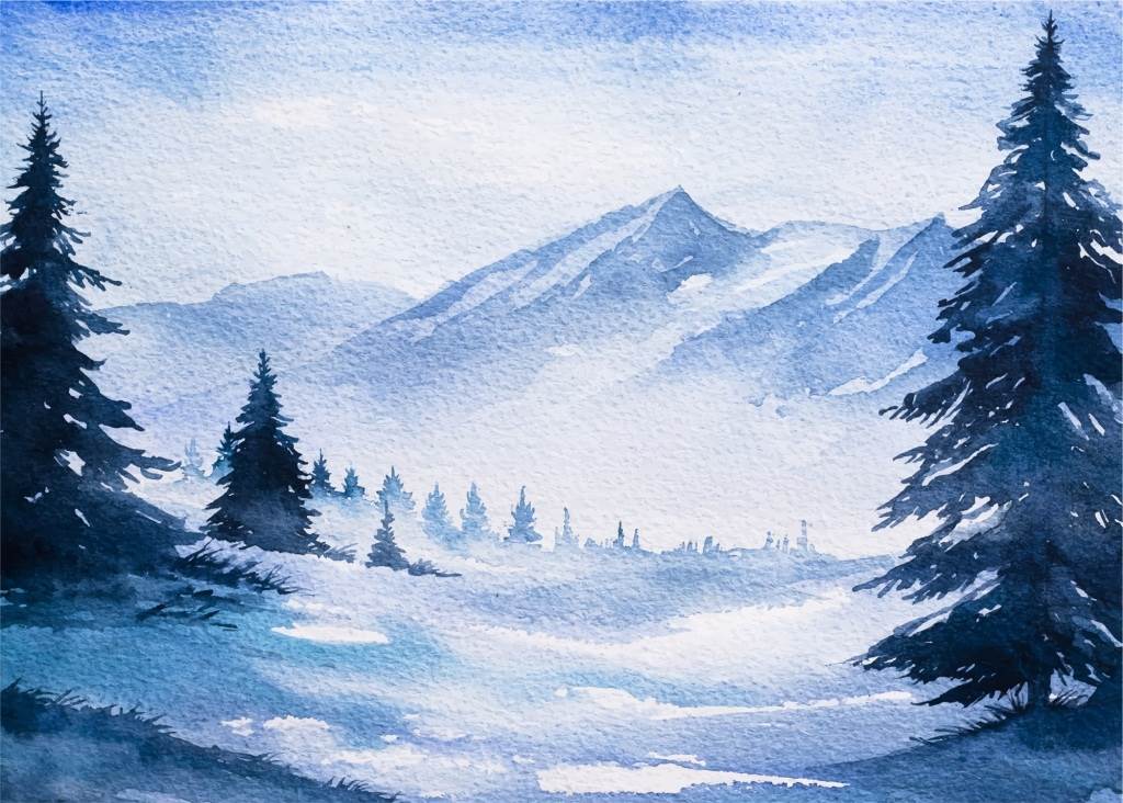 冬天风景水彩画冬天雪景水彩画