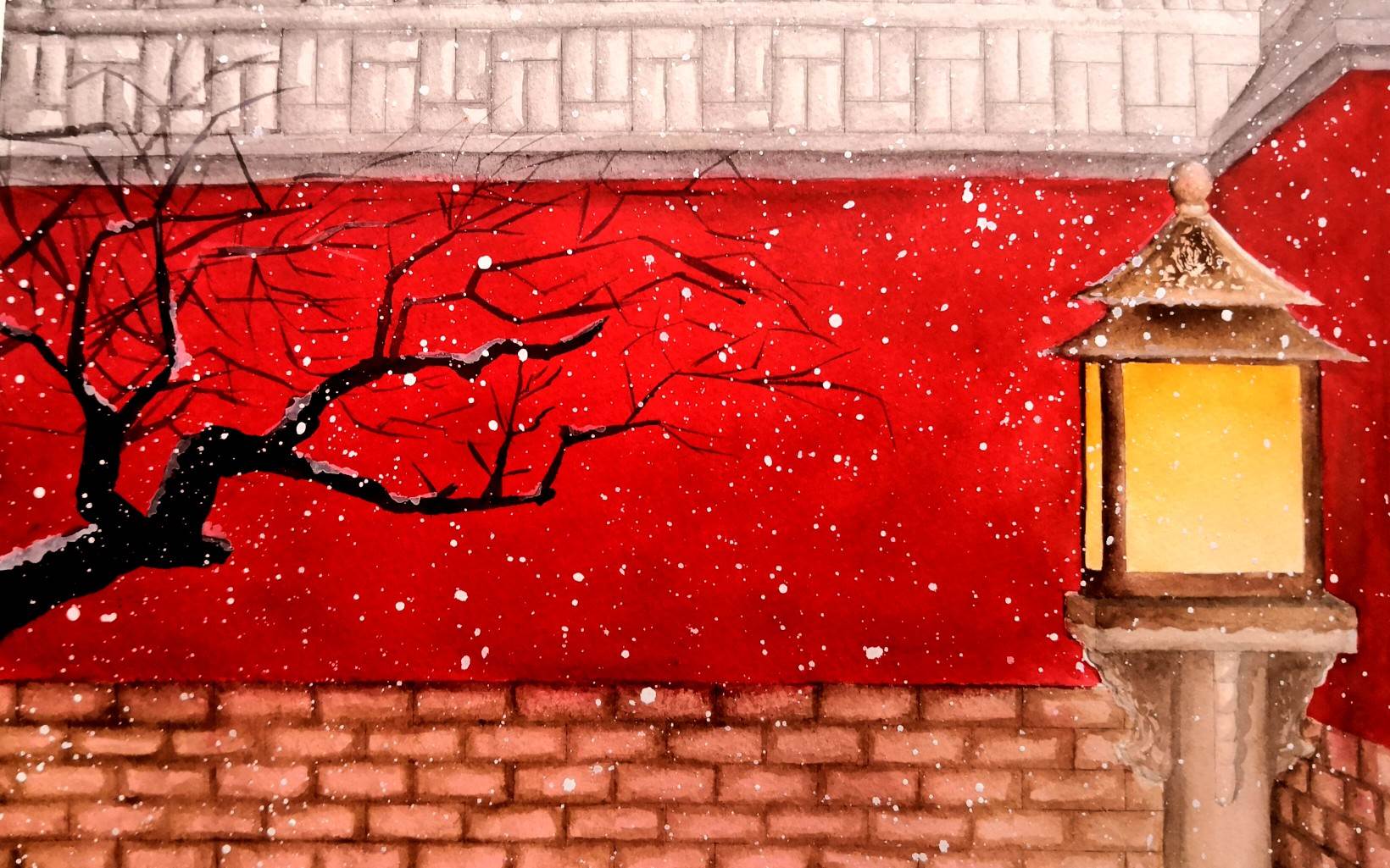 故宫红墙水粉画教程图片