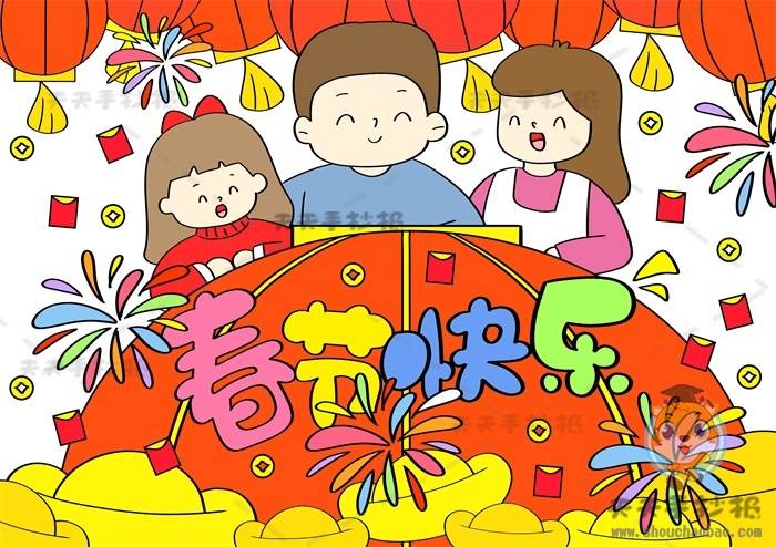 虎年春节绘画作品简单漂亮画法,欢度春节主题儿童画作品大全儿童水粉