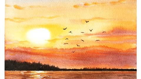 日落夕阳的风景画水粉图片