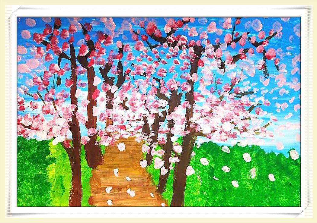 樱花树手绘水粉图片