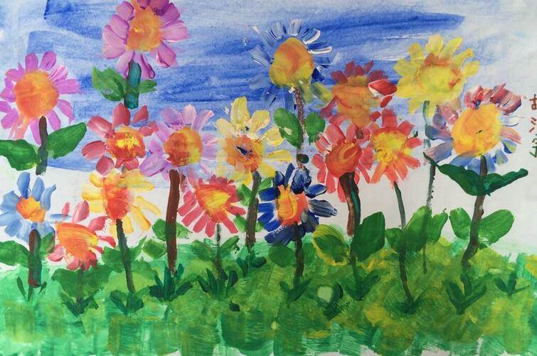 灿烂的花儿关于春天的水粉画作品图片_儿童画春天-春天里的花儿春天