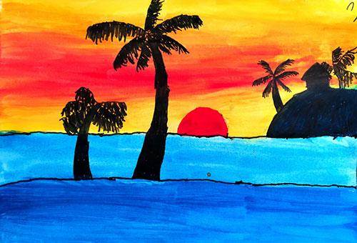 画日出最简单的方法海边日出水粉画手指头蘸上水粉颜料画一幅日出和
