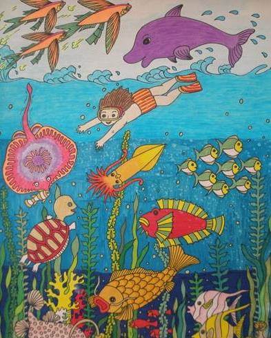 儿童画~幼儿园小学生作品~海底世界水彩笔儿童水彩画