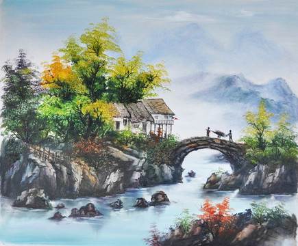 中国著名山水画家蒋佩华《小桥流水人家》这是一组小桥流水人家水粉画