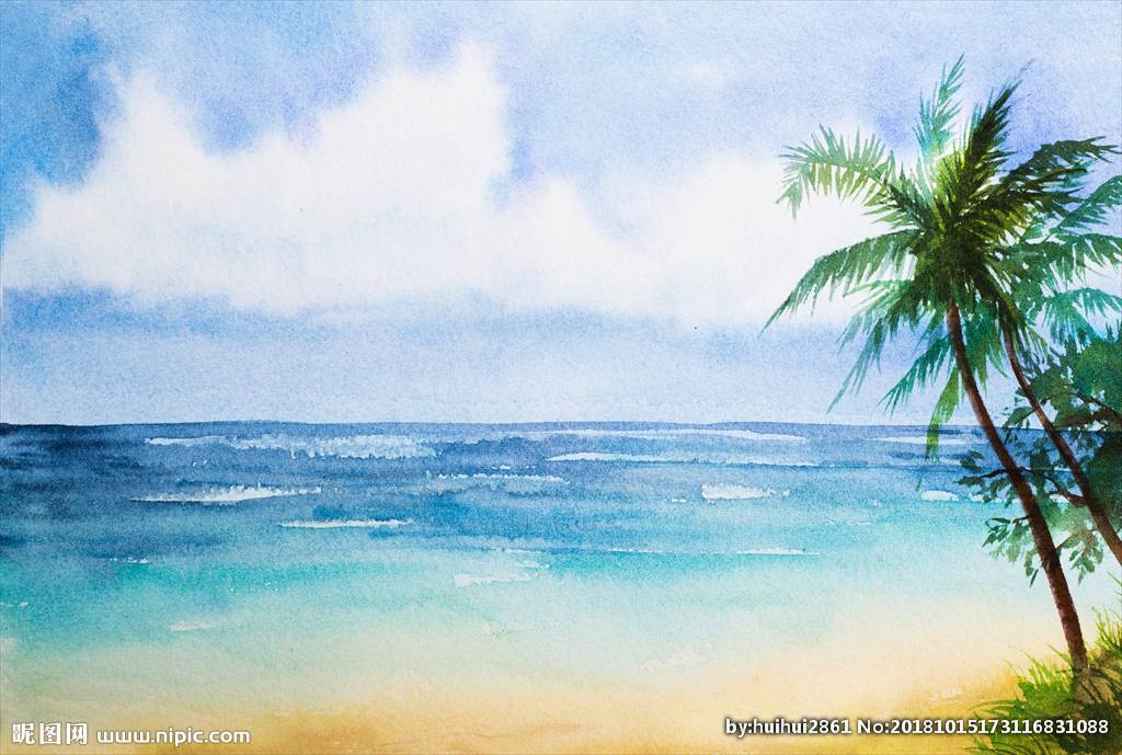 海边椰树水粉画 夕阳下的椰子树水粉画 