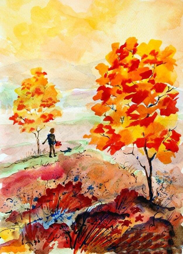 秋天的景色水粉画简单图片