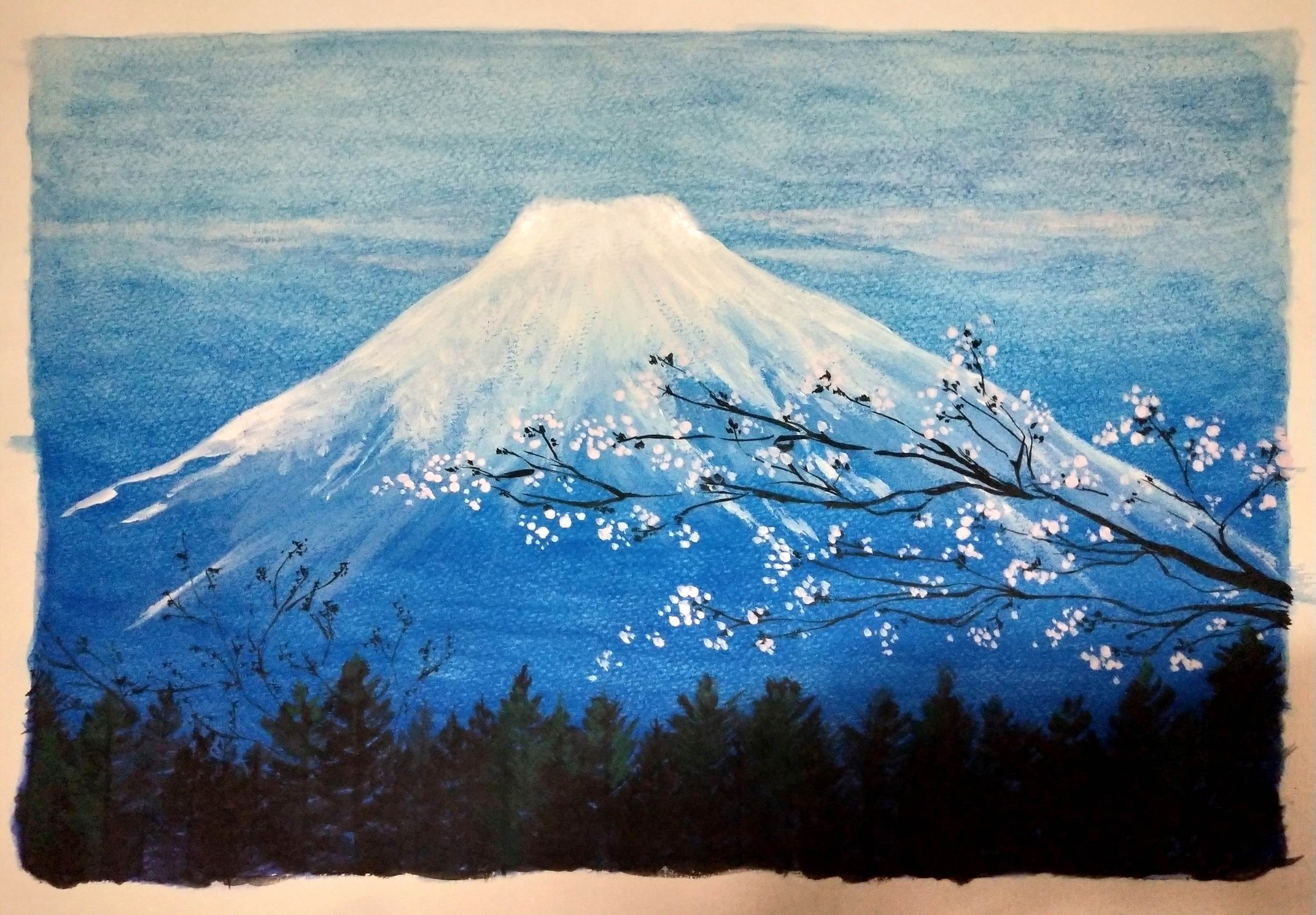 富士山水粉画漫画图片
