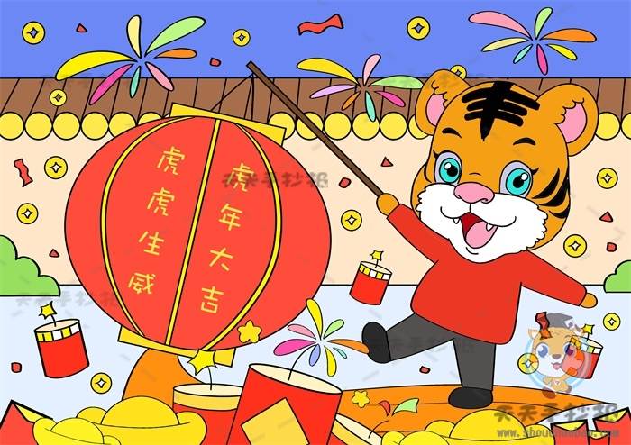 虎年春节绘画作品简单画法,2022虎年新年儿童画模板图片大全2022春节