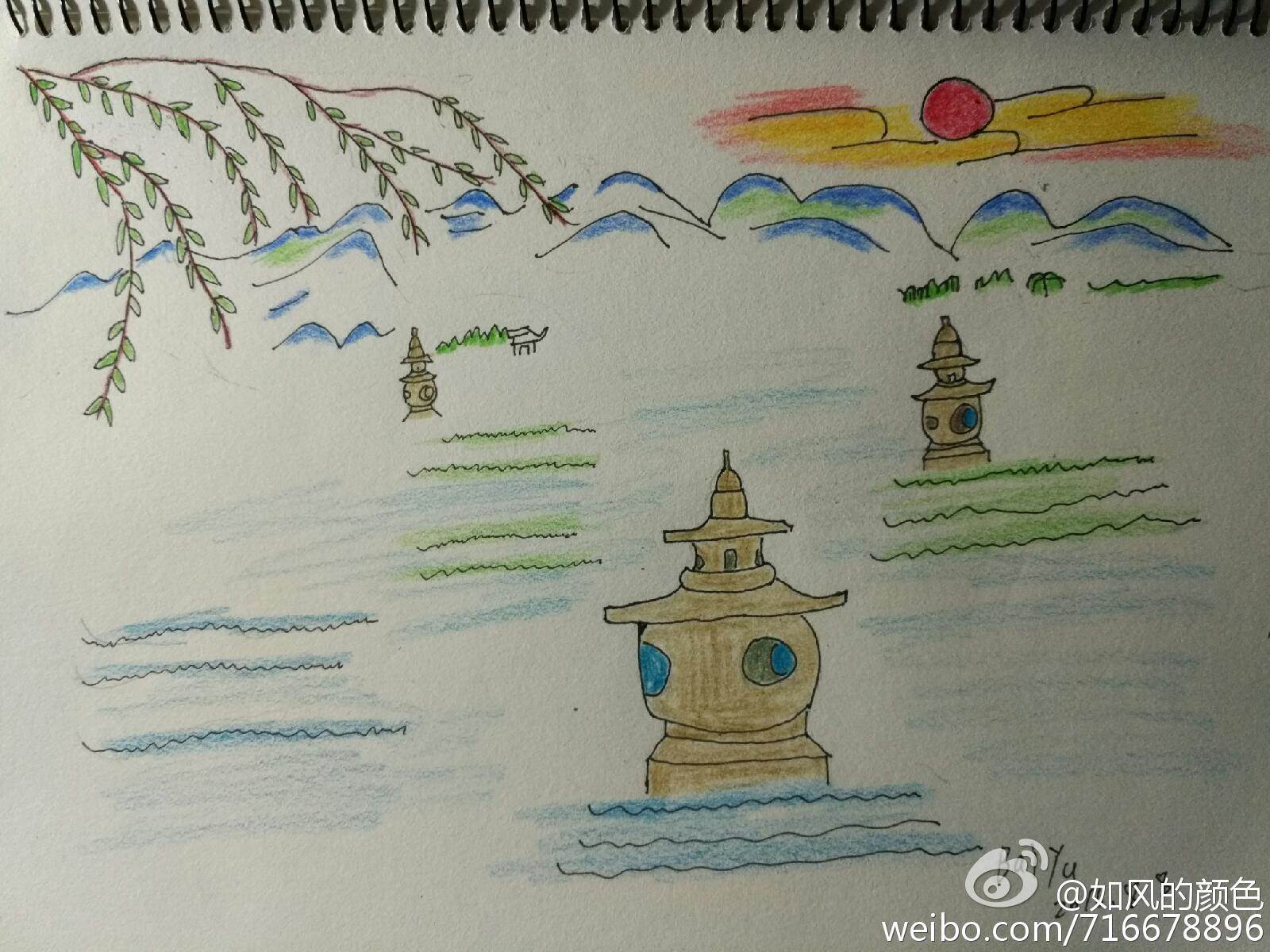 小学生画西湖手绘图图片