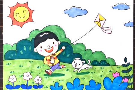 小孩放风筝的简笔画风筝图案儿童画