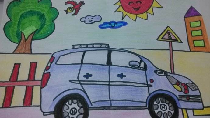 儿童画马路上的小汽车儿童画路上的两辆小汽车马路上的小汽车儿童画
