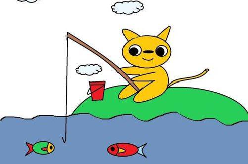 小猫钓鱼简笔画卡通图片