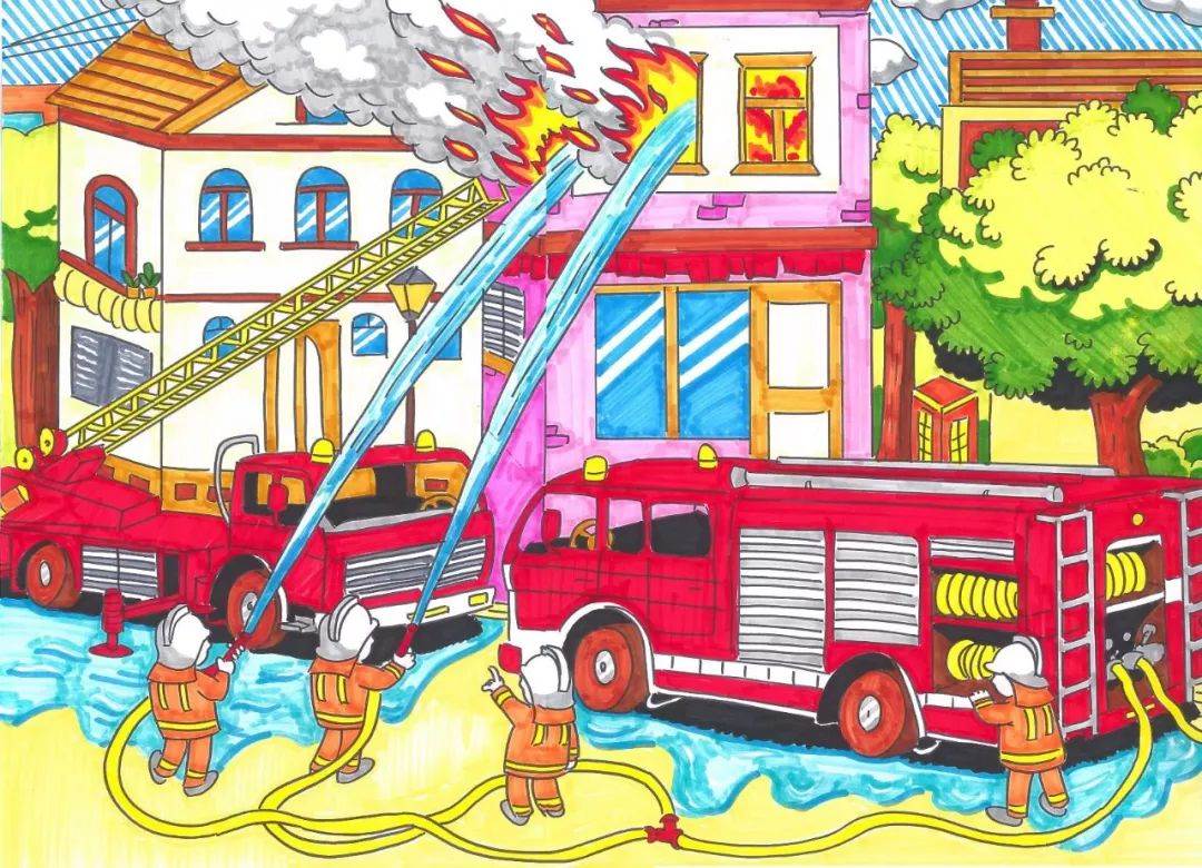 消防绘画作品简单幼儿图片