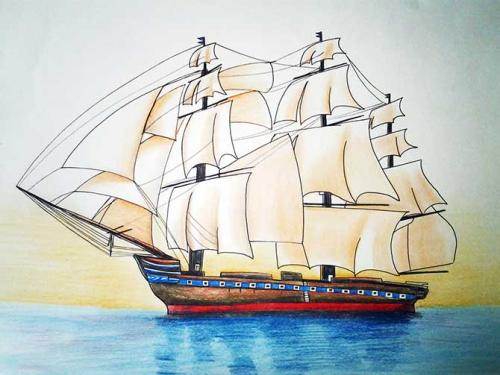 帆船手绘彩铅画图片