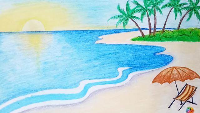 海滩风景简笔画带颜色图片