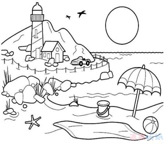 海滩风景儿童画怎么画简单海滩简笔画图片海边沙滩情景简笔画的画法