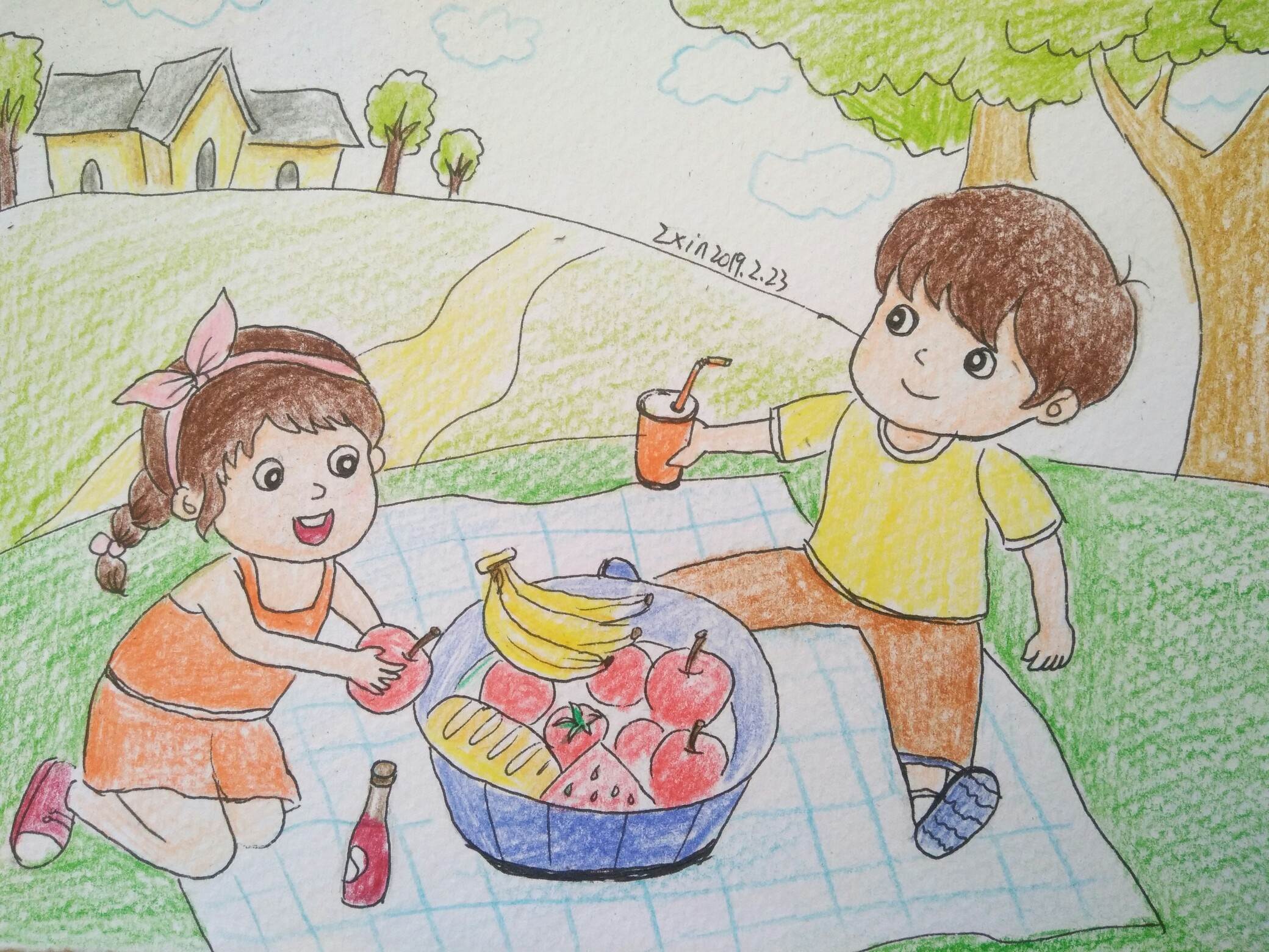 自学小朋友和爸爸去户外野炊烧烤的简笔画图片简笔画