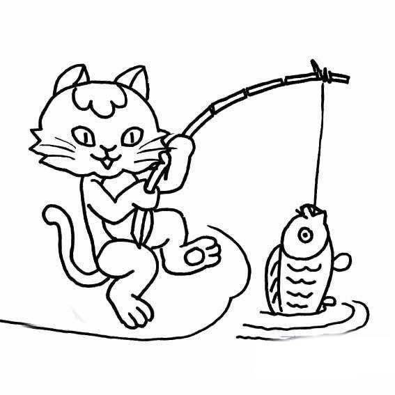 小猫钓鱼故事简笔画图片
